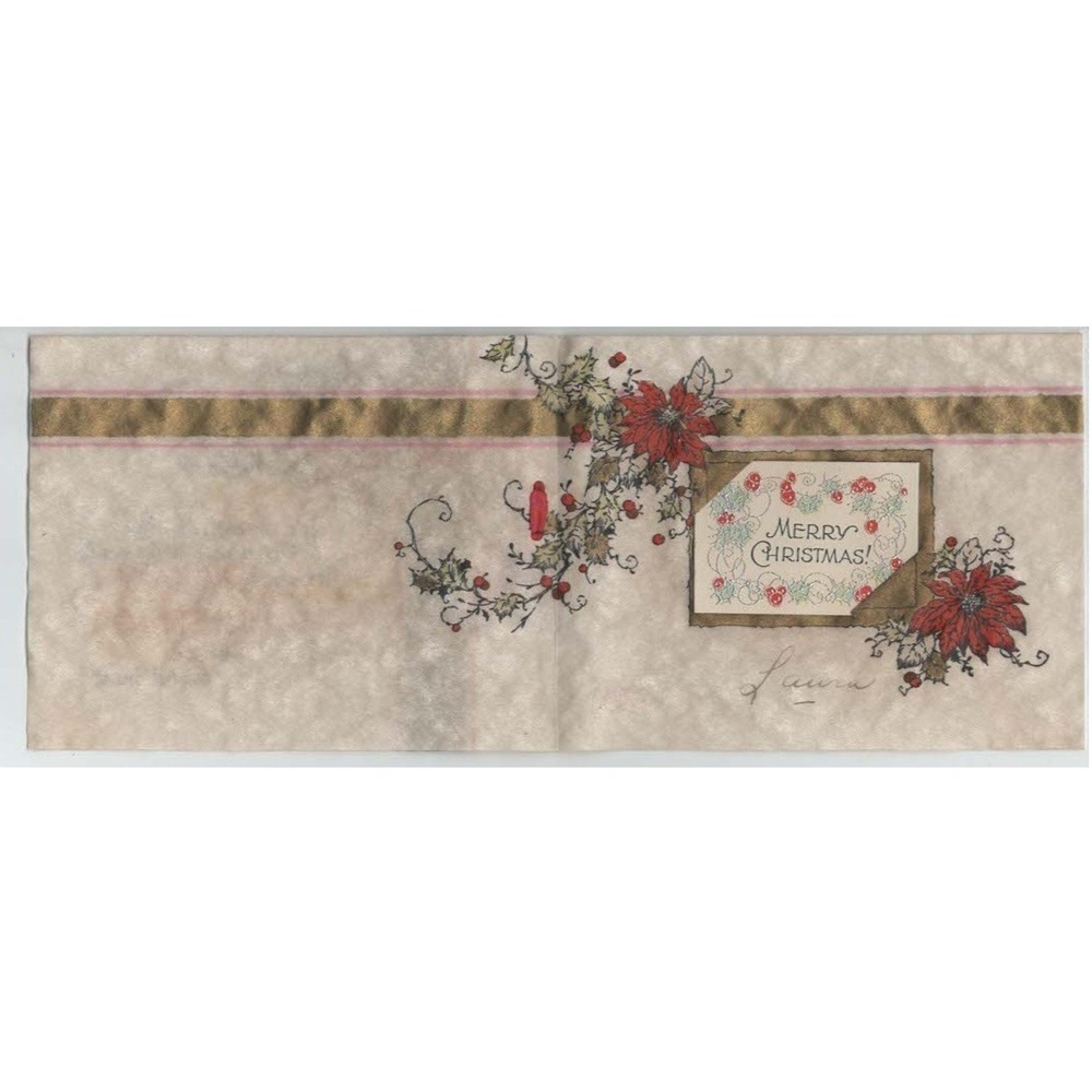 Vintage Christmas Greeting Card Poinsettia Holly Red Ribbon Merry Christmas VG - Picture 2 of 2